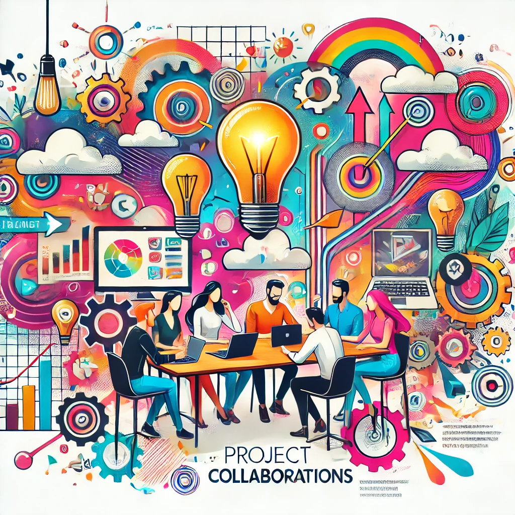 DALL·E 2025-01-12 00.13.43 – A colorful and trendy illustration depicting the beauty of project collaborations, featuring a diverse group of people gathered around a creative thin Meet2Reach Networking to collaborate social media